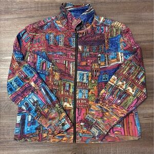 Chico's Multi-Color Painted Cityscape Zip Jacket